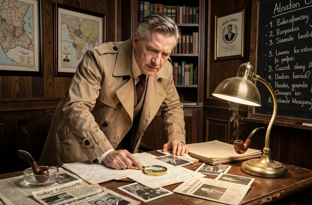 Joueur en costume de détective examinant des indices sur un bureau d'enquête style Baker Street à Dijon