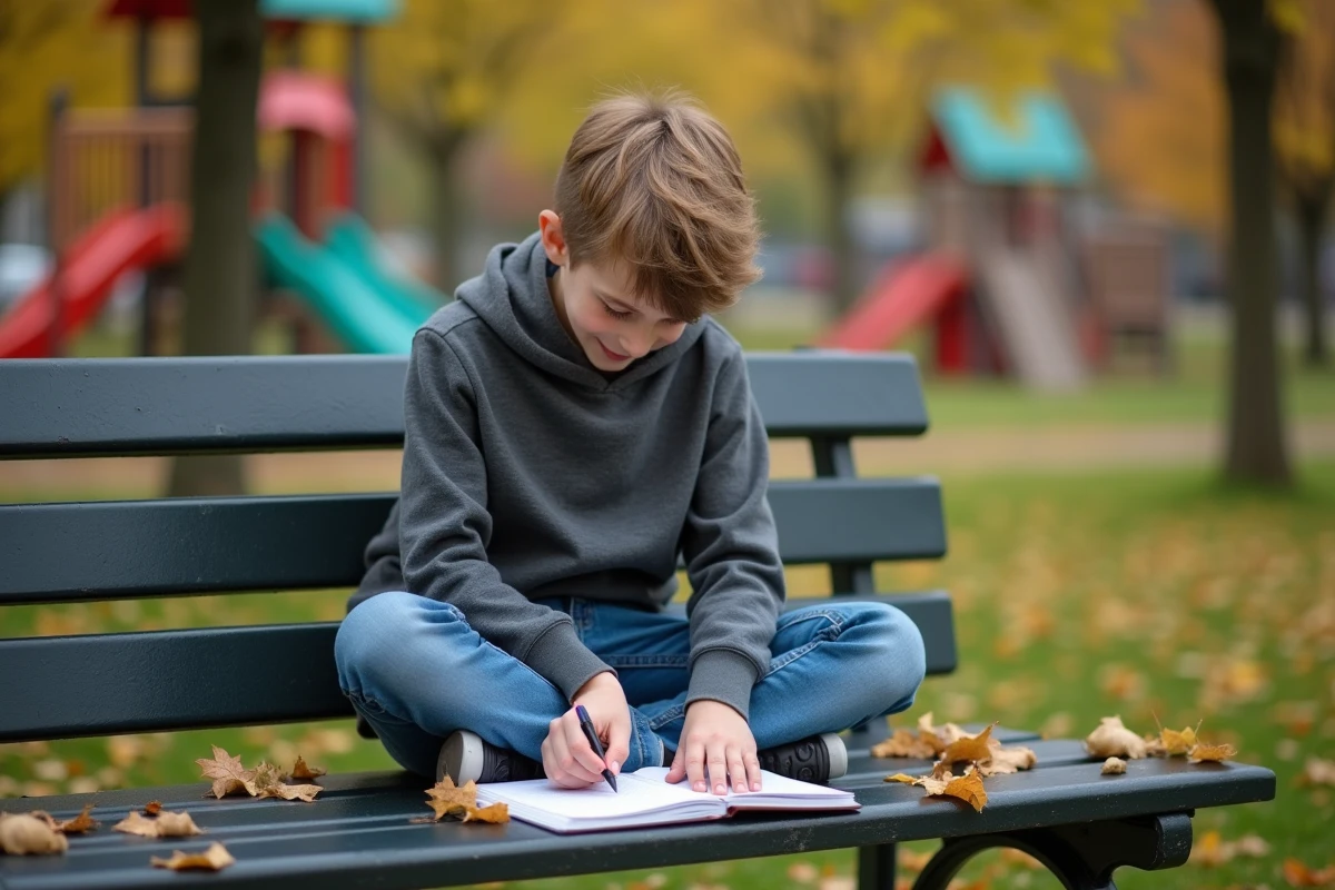 Adolescent scribant des anagrammes sur un banc de parc