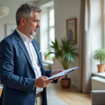 Agent immobilier en blazer bleu dans un appartement lumineux