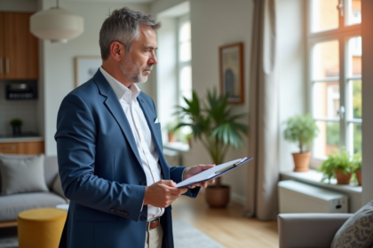 Agent immobilier en blazer bleu dans un appartement lumineux