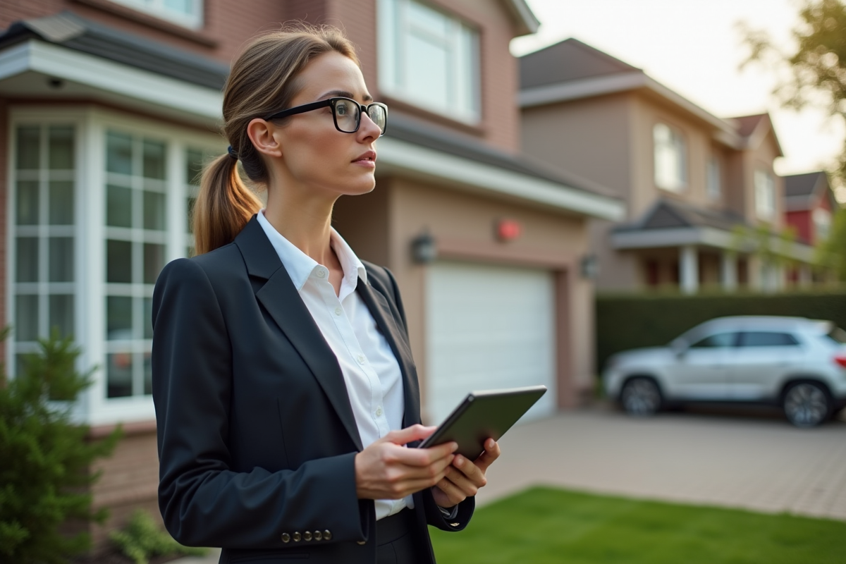 Agent immobilier devant une maison dans un quartier résidentiel