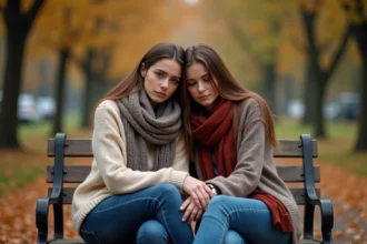 Deux amies assises sur un banc en automne, l'une réconfortant l'autre d'un geste doux et attentionné
