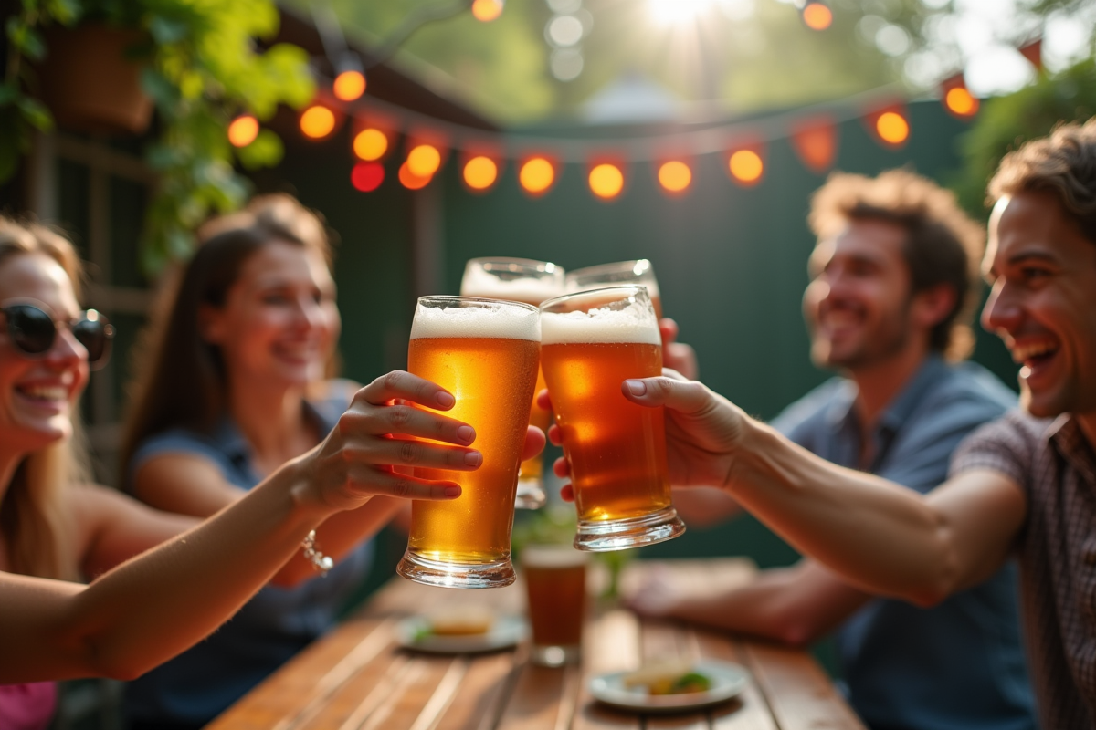 Amis trinquant avec des bières IPA dans un jardin ensoleille