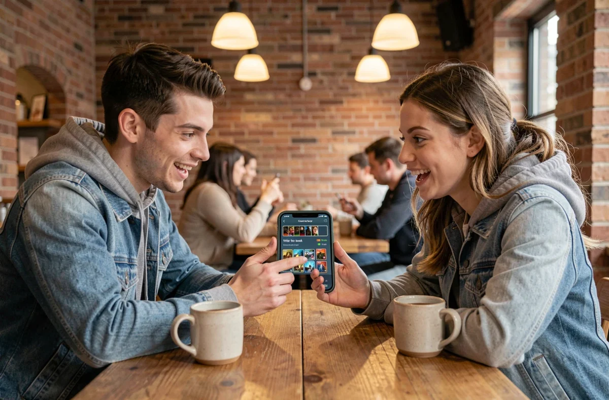 Deux amis comparant leurs decks Pokémon Pocket sur smartphone dans un café urbain animé