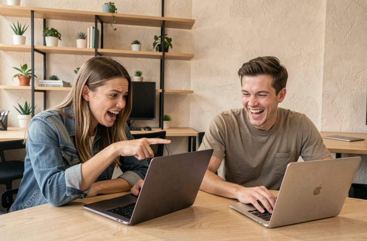 Deux amis jouant ensemble à un jeu .io en compétition dans un espace de travail moderne