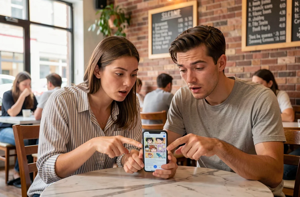 Deux amis découvrant ensemble des plateformes de yaoi scan sur smartphone dans un café