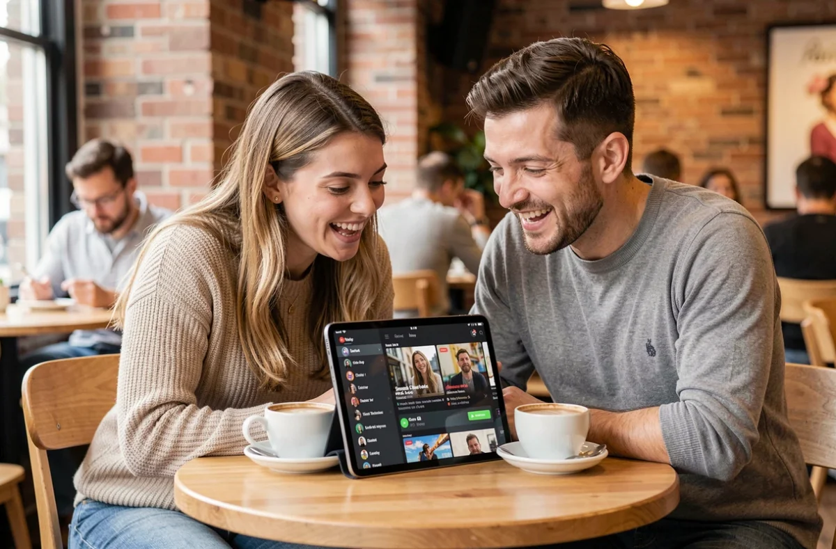 Deux amis écoutant ensemble un podcast humoristique dans un café, réagissant aux chroniques des Grosses Têtes sur une tablette