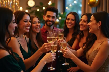 Groupe d'amis en fête de Nouvel An avec champagne
