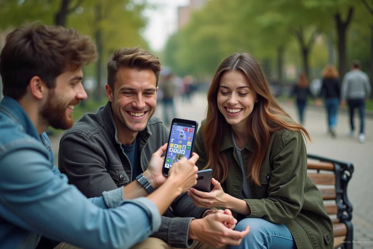 Trois amis jouent à un jeu de mots sur un smartphone dans un parc