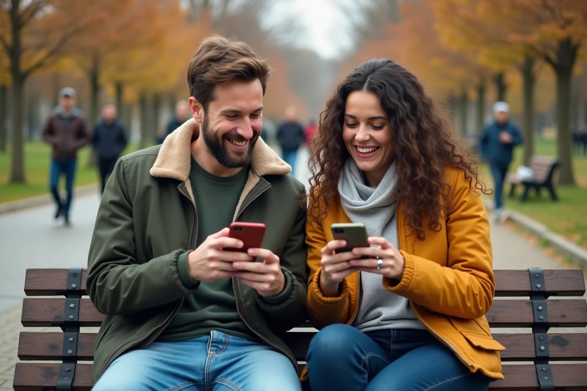 Deux amis assis sur un banc de parc comparant leur progression sur Monopoly GO avec leurs smartphones en riant