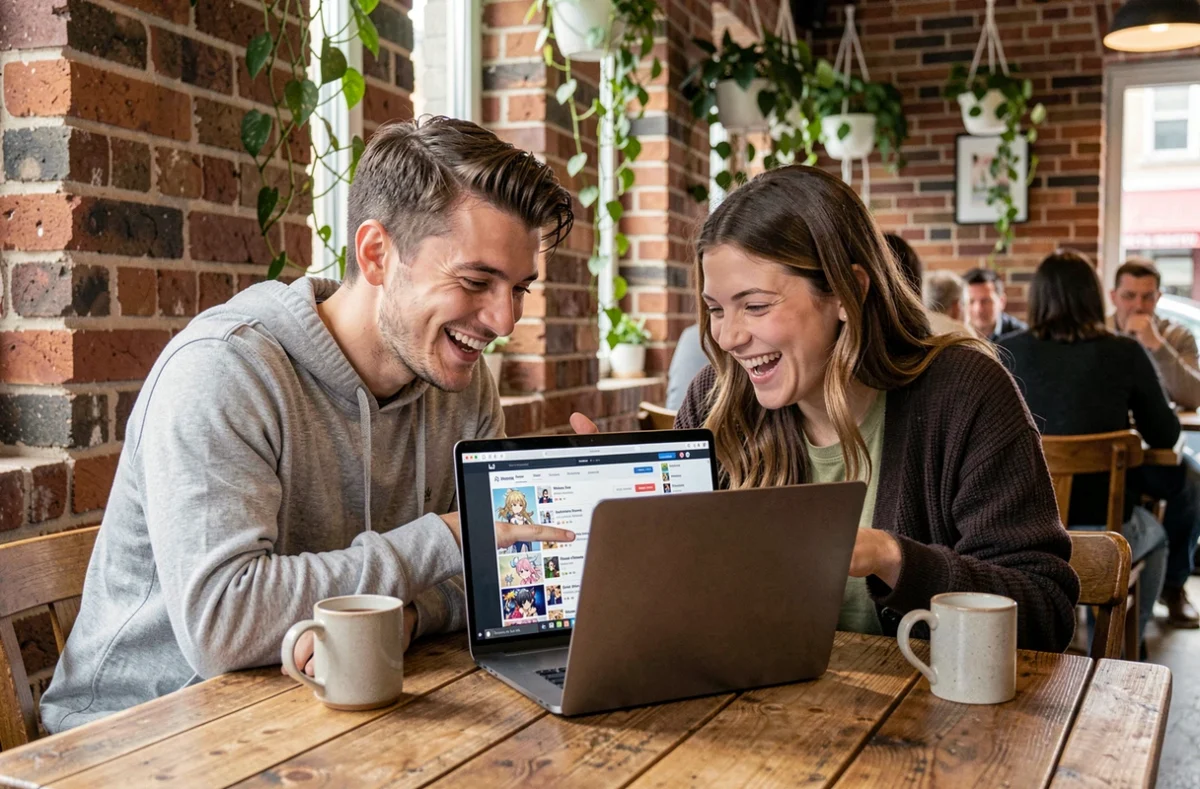 Deux amis partageant leur liste d'animés sur un ordinateur portable dans un café urbain