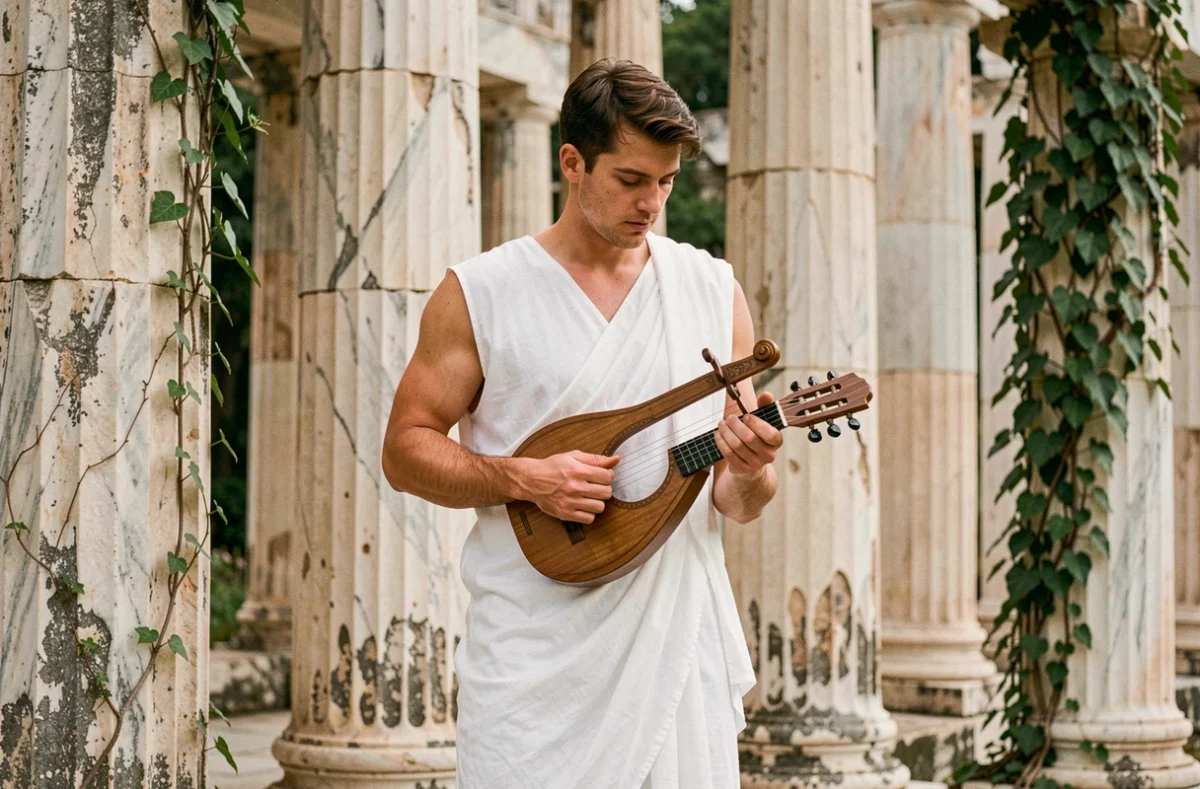 Jeune homme en tunique grecque tenant une lyre devant des colonnes de temple en marbre antique, illustrant Apollon dieu des arts