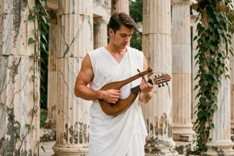 Jeune homme en tunique grecque tenant une lyre devant des colonnes de temple en marbre antique, illustrant Apollon dieu des arts