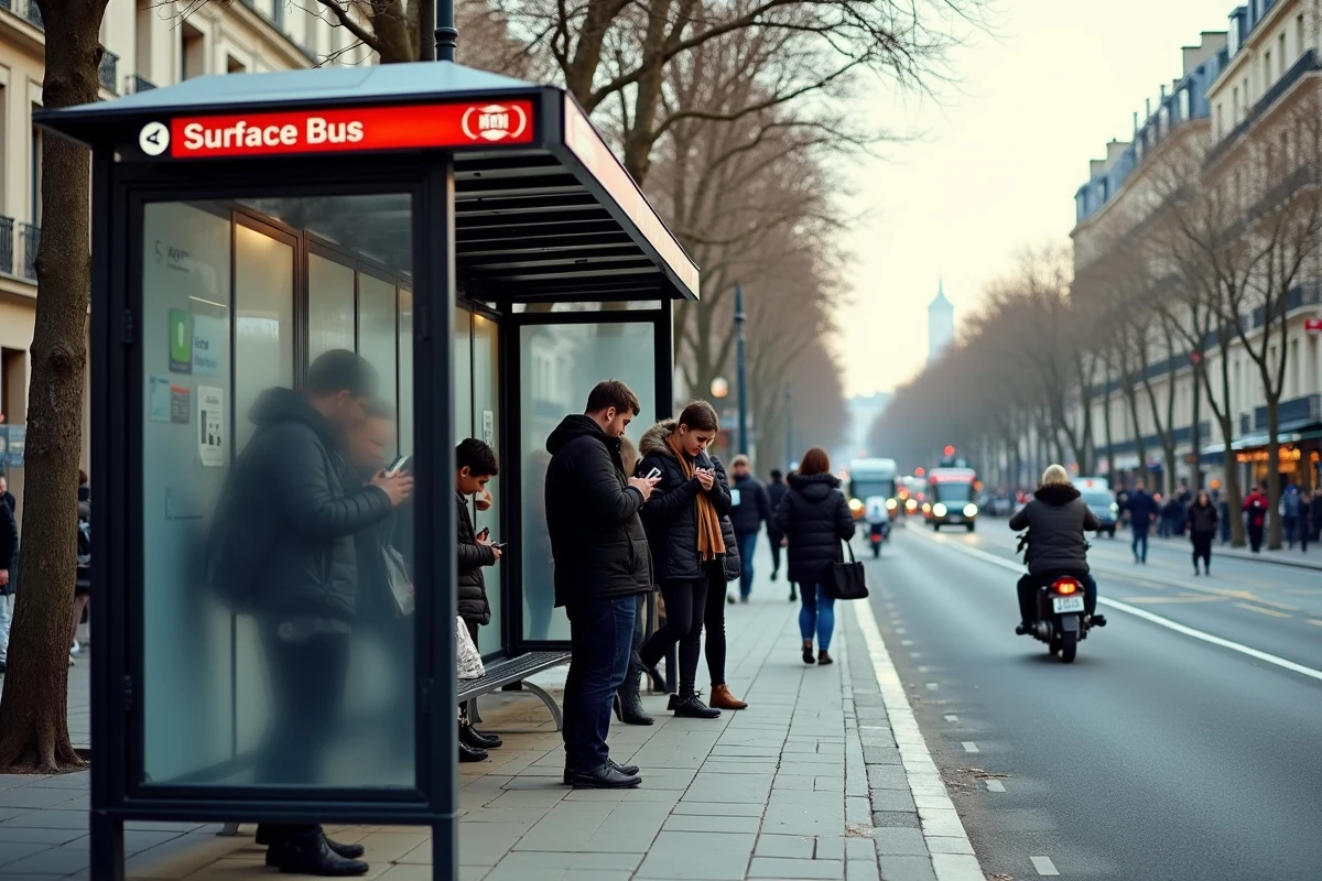 Arrêt de bus RATP à Paris avec des voyageurs utilisant une alternative à la ligne de métro 10 en travaux