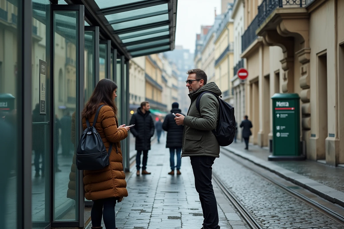 Arrêt de tramway à proximité d'une entrée de station de métro parisienne ligne 9, avec des voyageurs attendant la correspondance