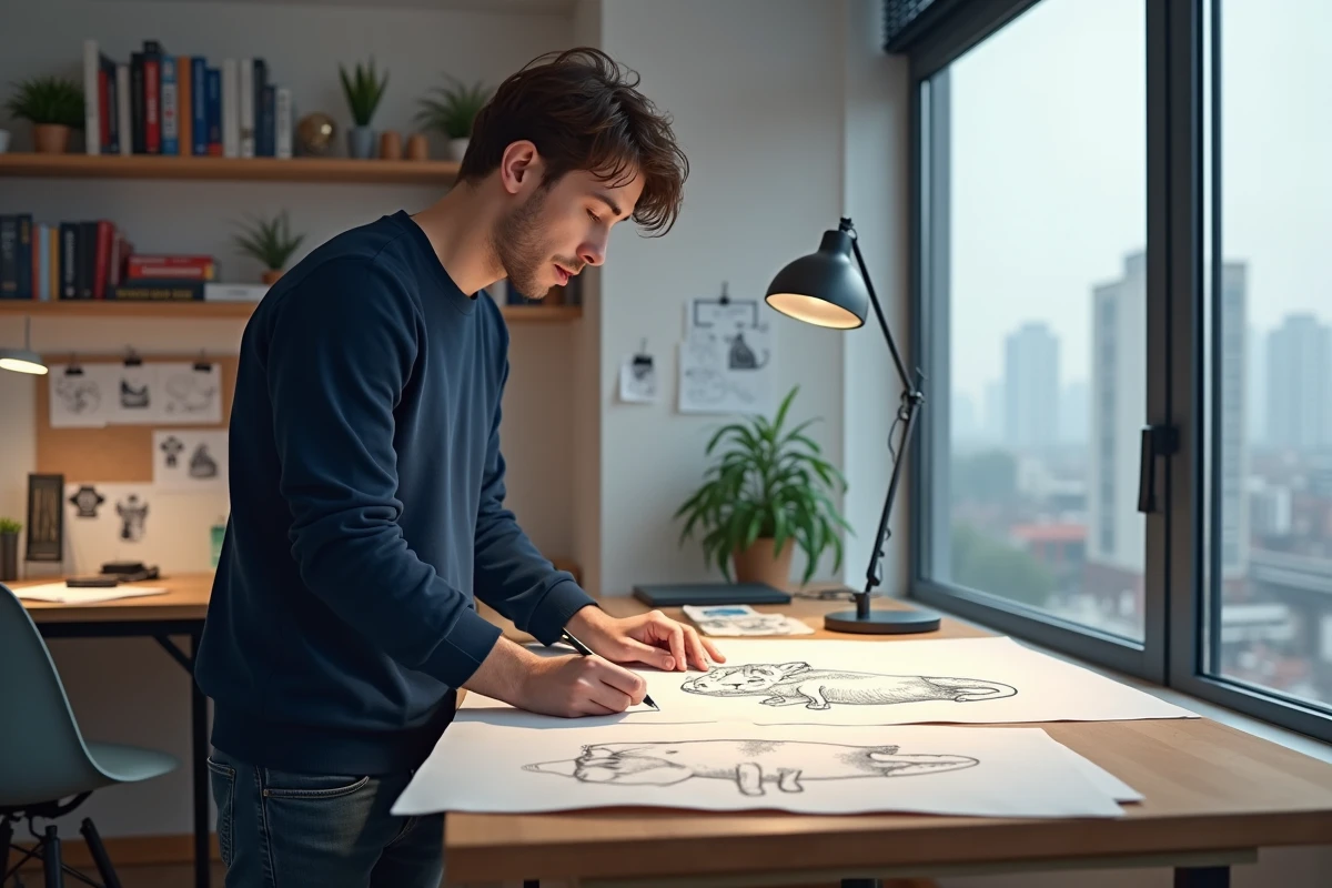 Artiste masculin travaillant sur des croquis de personnage félin en mouvement à une table à dessin avec des références épinglées