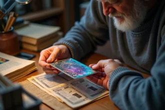 Collectionneur examinant une carte Flammes Fantasmagoriques à la loupe pour détecter les signes d'authenticité