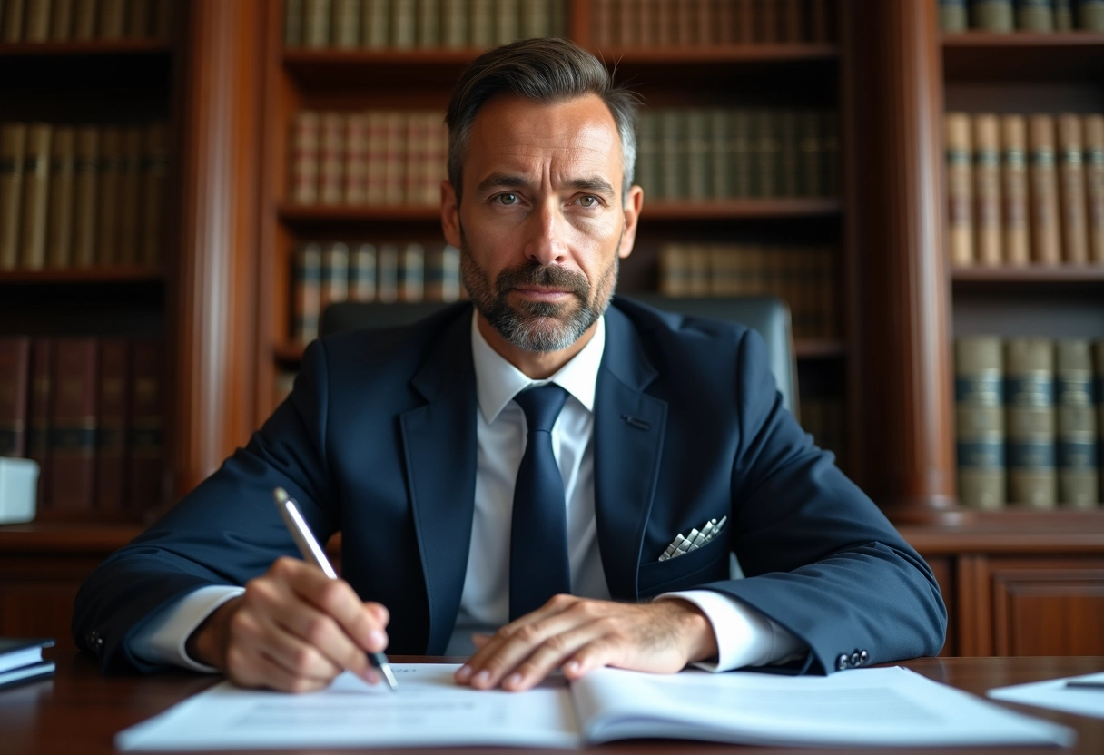 Banquier en costume dans un bureau classique avec documents et décor financier