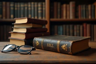Bible ancienne en cuir posée sur une table en bois avec une pile de livres classiques dans une bibliothèque, illustration du livre le plus vendu au monde