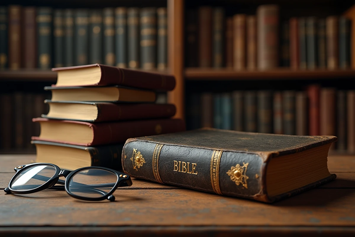 Bible ancienne en cuir posée sur une table en bois avec une pile de livres classiques dans une bibliothèque, illustration du livre le plus vendu au monde