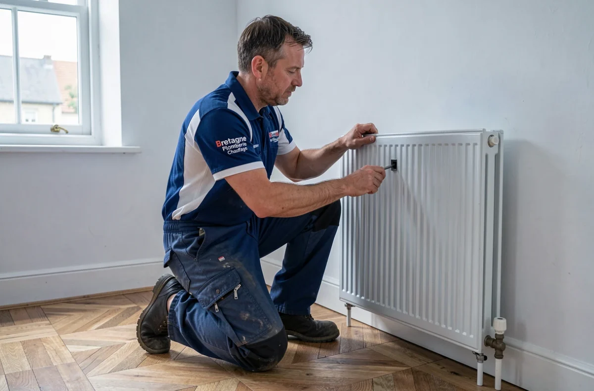 Plombier de Bretagne Plomberie Chauffage installant un radiateur dans une maison bretonne
