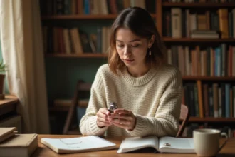 Jeune femme tenant un briquet anglais argenté et examinant son mécanisme à son bureau en bois entouré de carnets et d'un dictionnaire anglais