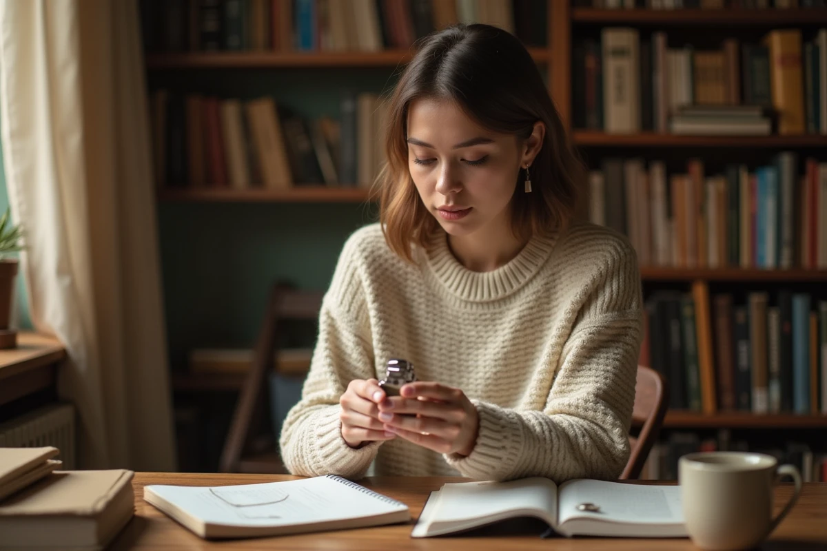 Jeune femme tenant un briquet anglais argenté et examinant son mécanisme à son bureau en bois entouré de carnets et d'un dictionnaire anglais