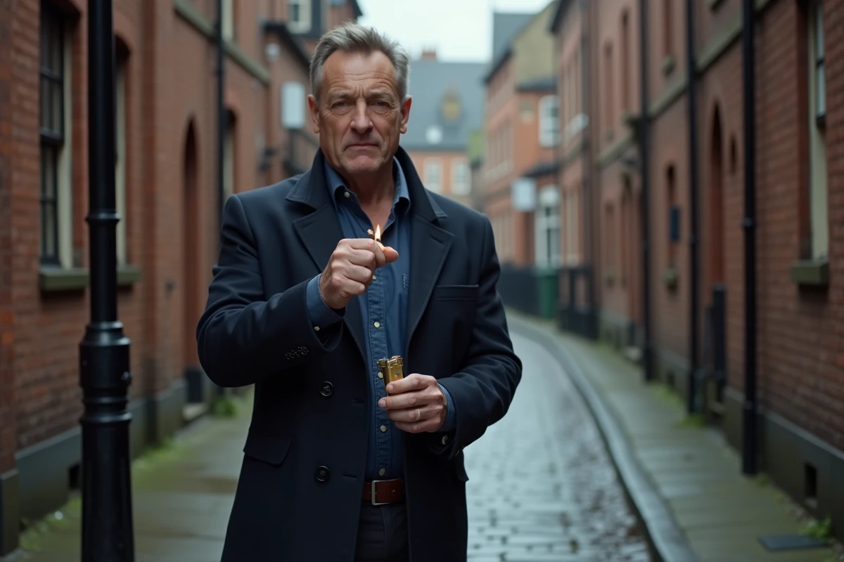Homme en manteau de laine marine allumant un briquet laiton de style anglais dans une ruelle pavée aux briques rouges typiquement britanniques