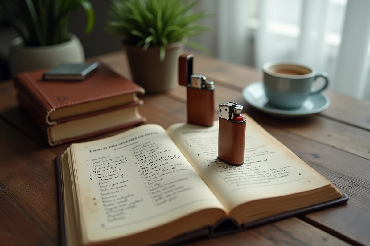 Assortiment de trois briquets anglais classiques posés sur un manuel de phrases anglaises ouvert et des notes de vocabulaire manuscrites sur une table en noyer