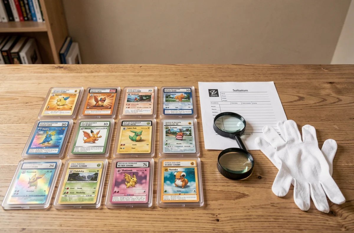 Vue de dessus d'un bureau avec des cartes Pokémon rares dans des slabs de gradation PSA et BGS, loupe et gants de collection pour évaluation