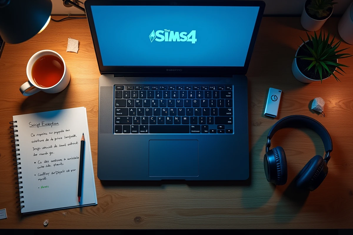 Vue aérienne d'un bureau avec laptop affichant une erreur de script WickedWhims dans Les Sims 4 et notes de dépannage manuscrites