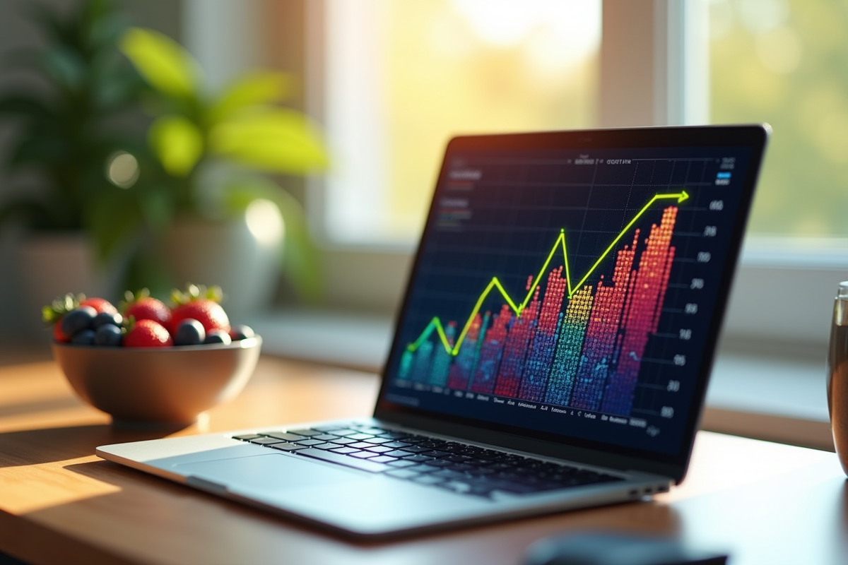 Bureau lumineux avec ordinateur affichant des données de fruits en R