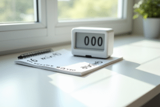 Bureau blanc avec minuterie digitale et bloc-notes lumineux