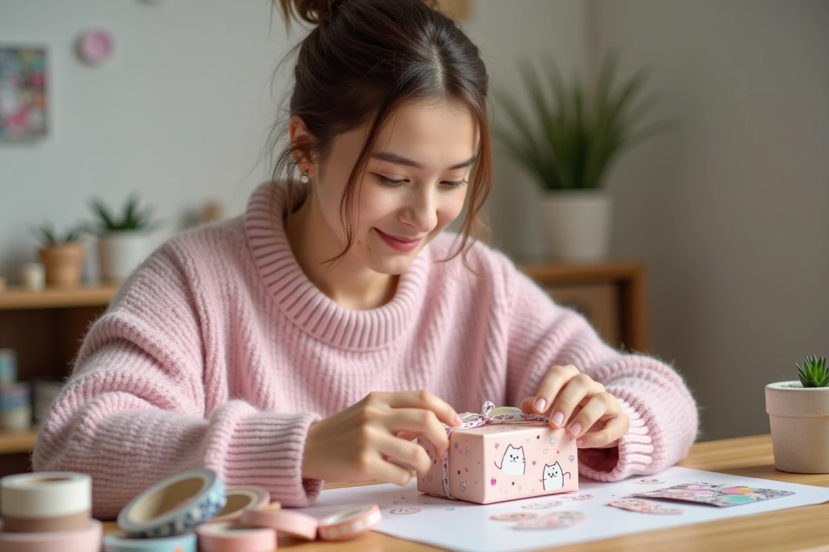 Jeune femme emballant un cadeau kawaii personnalisé avec des autocollants et des rubans pastels sur un bureau en bois