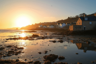Côte de Cancale au coucher du soleil avec maisons et ports