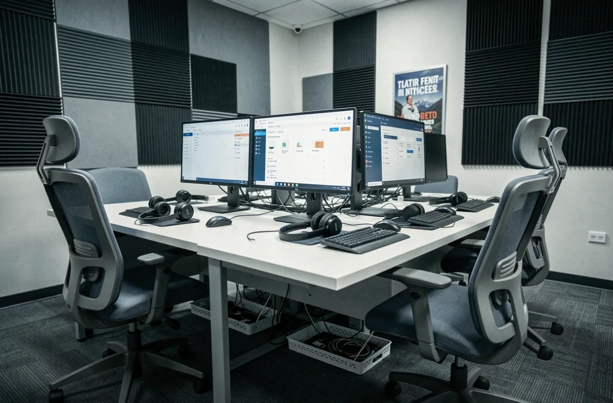 Espace de travail d'un centre d'appels commerciaux vide avec casques et écrans affichant un logiciel CRM