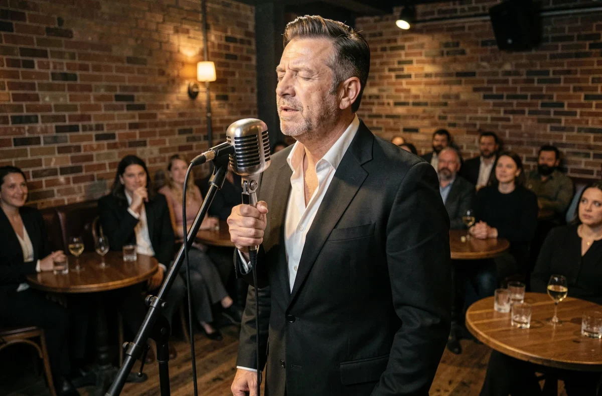 Chanteur américain charismatique en costume noir sur scène dans un club de jazz vintage, incarnant l'essence d'une icône musicale
