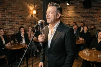 Chanteur américain charismatique en costume noir sur scène dans un club de jazz vintage, incarnant l'essence d'une icône musicale