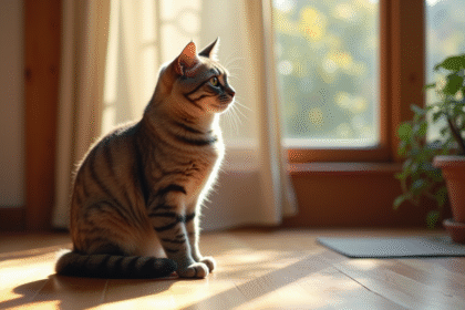 Chat British Shorthair assis sur un sol en bois en lumière naturelle