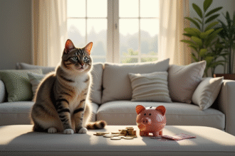 Chat hypoallergenique sur un canapé moderne avec tirelire