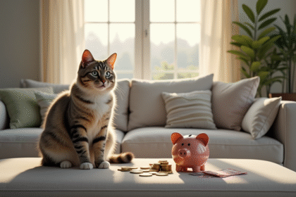 Chat hypoallergenique sur un canapé moderne avec tirelire