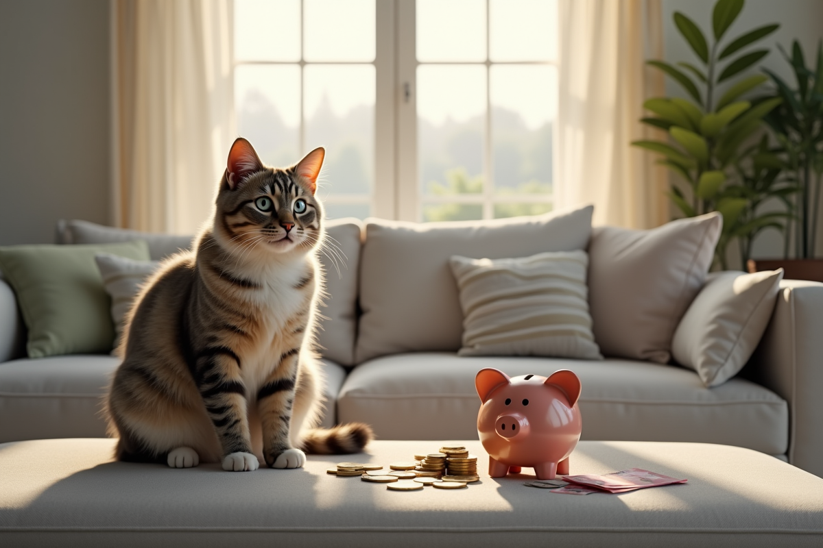 Chat hypoallergenique sur un canapé moderne avec tirelire