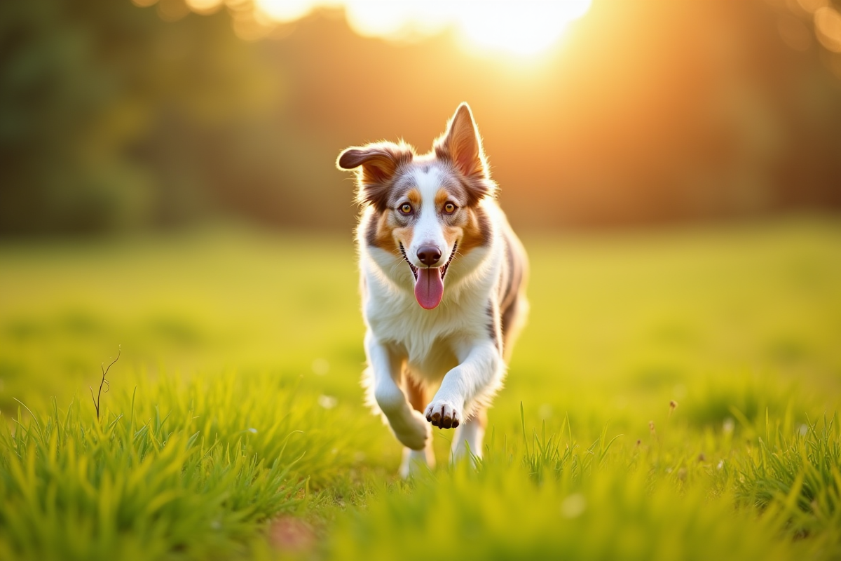 Chien australien actif courant dans un champ ensoleille