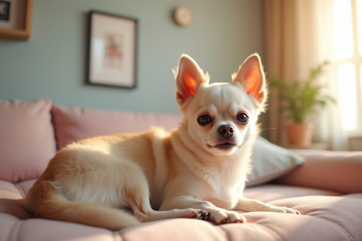 Chihuahua souriant repose dans un salon moderne et lumineux