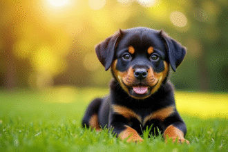 Chiot rottweiler joueur dans un jardin ensoleille