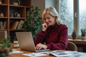 Femme choisissant une image joyeux noel 2026 originale sur son ordinateur portable dans un bureau cosy décoré pour Noël