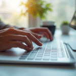 Mains tapant sur un clavier moderne avec focus sur la touche verticale