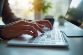 Mains tapant sur un clavier moderne avec focus sur la touche verticale