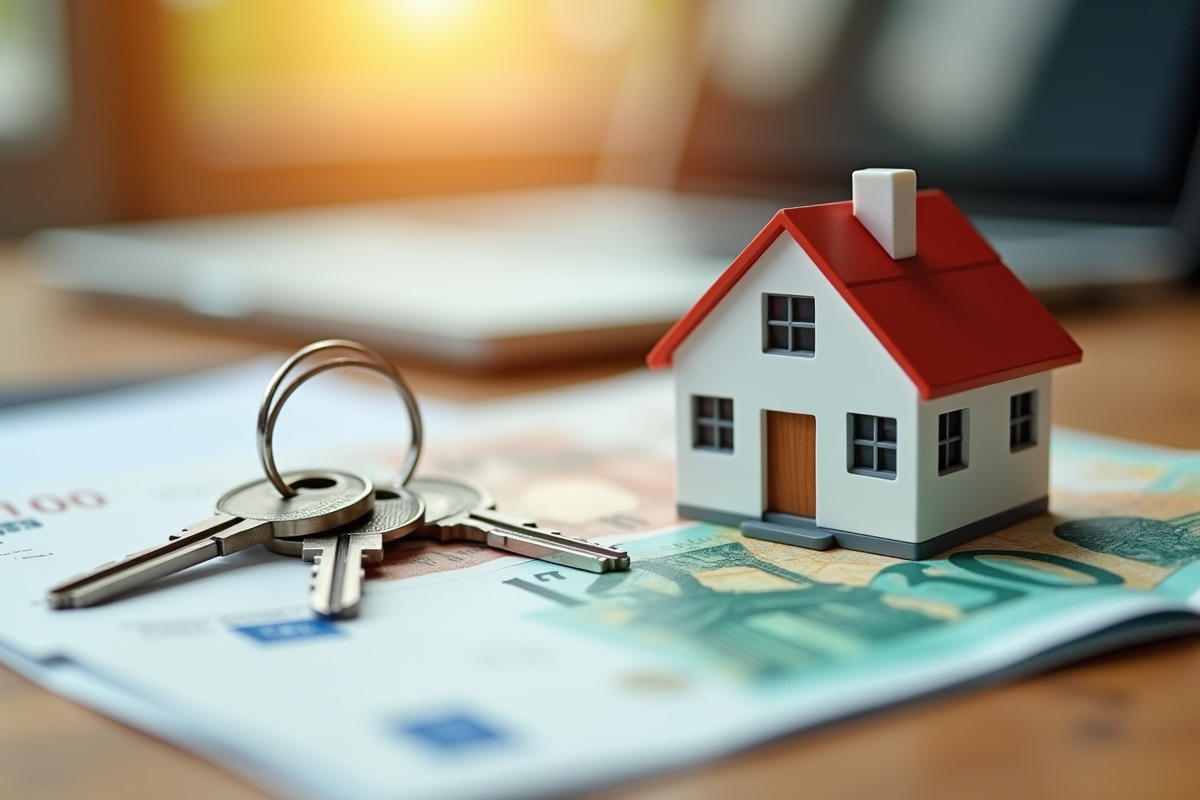 Clés et figurine de maison sur billets et documents fiscaux