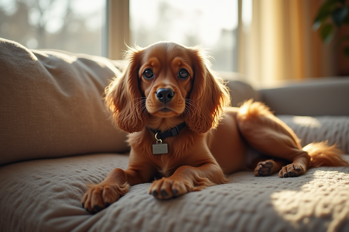 Cocker spaniel allongé sur un canapé intérieur avec lumière douce